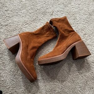 Lulus Hughez Brown Faux Suede Platform Mid Calf Boot Women’s Size 8 Chunky Heel